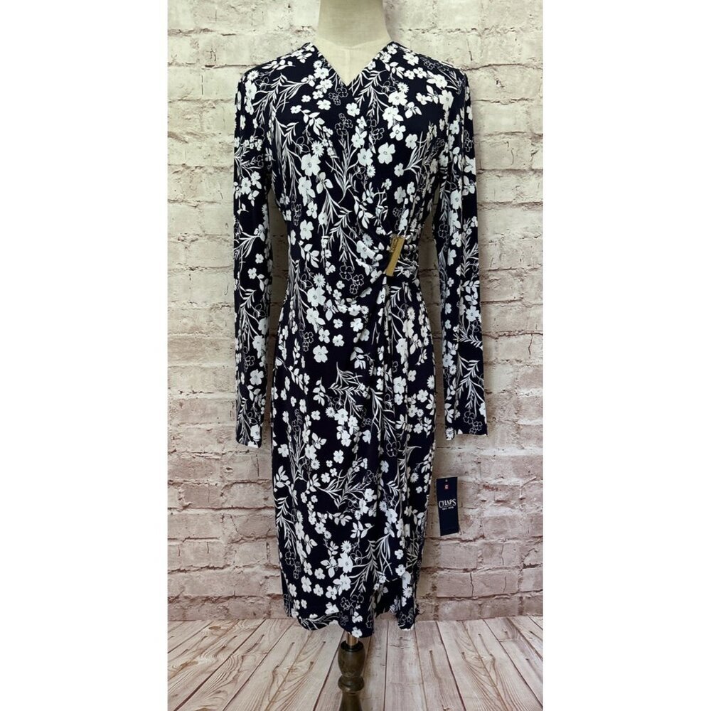 Chaps Womens Dress Floral Long Sleeve Stretch Midi Faux Wrap Surplice Size 6 NEW